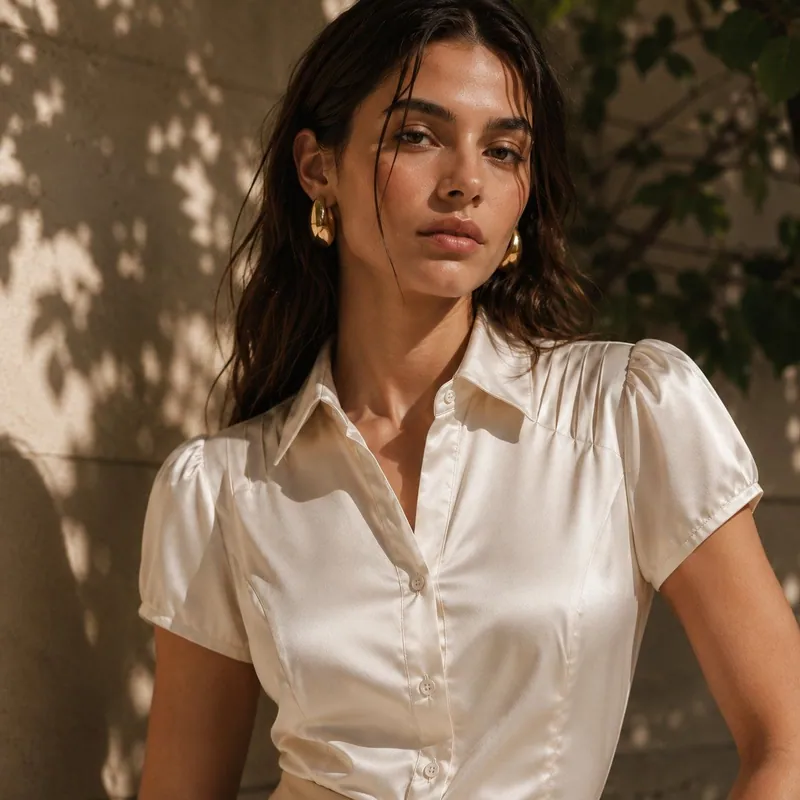 2026 New French Satin Button Down Shirts for Women Lapel Collar Pleated Shoulder Puff Short Sleeve