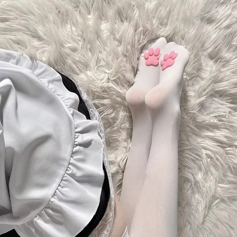 3D Silicone Cat Paw Pad Knee High Sheer Stockings Cute Animal Paw Print Transparent Thigh High Socks