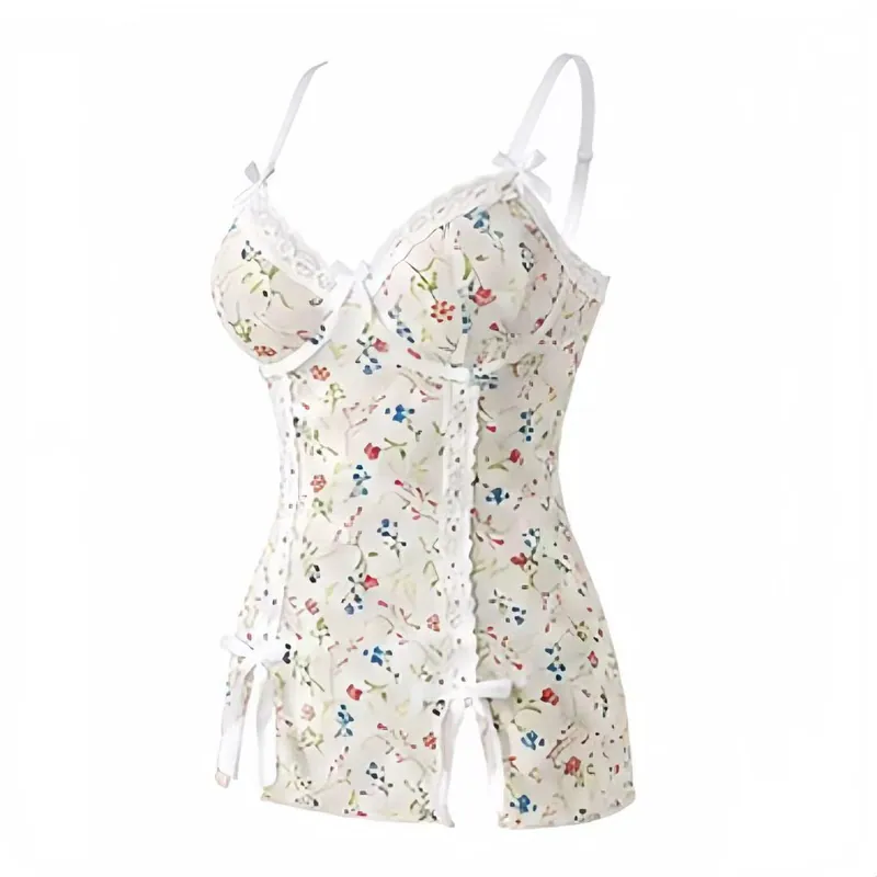 Adjustable Strap Ditsy Floral Mini Nightgown Lace Bow Slim Bodycon Sleep Lingerie