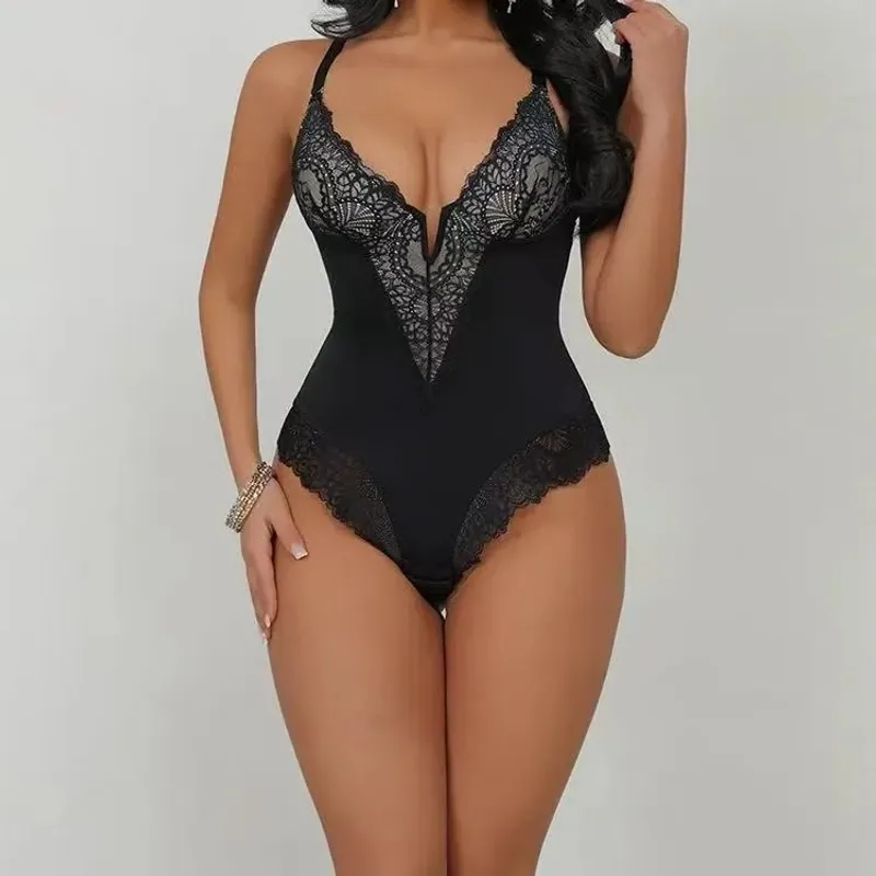 Adjustable Strap Lace Bodysuit Shapewear V Neck Women Tummy Control Shaper