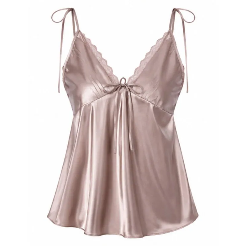 Bedroom Cami Set with Thin Straps and Tie Waist Shorts
