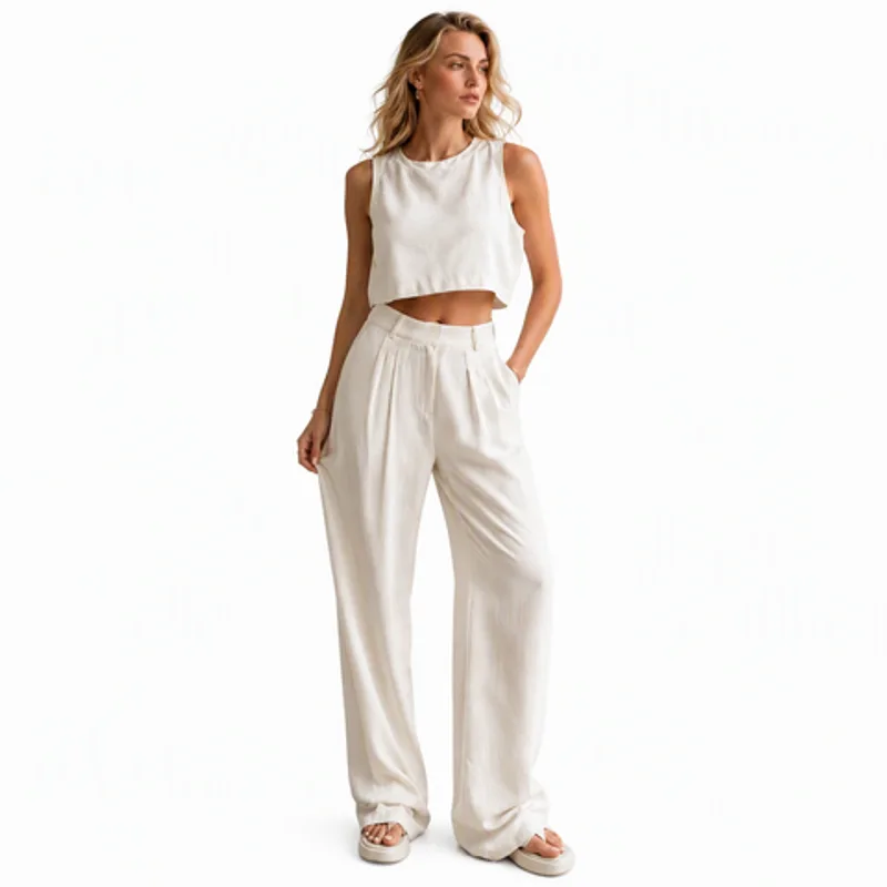 Beige Linen Blend Outfit Crop Tank and Pleated Trousers