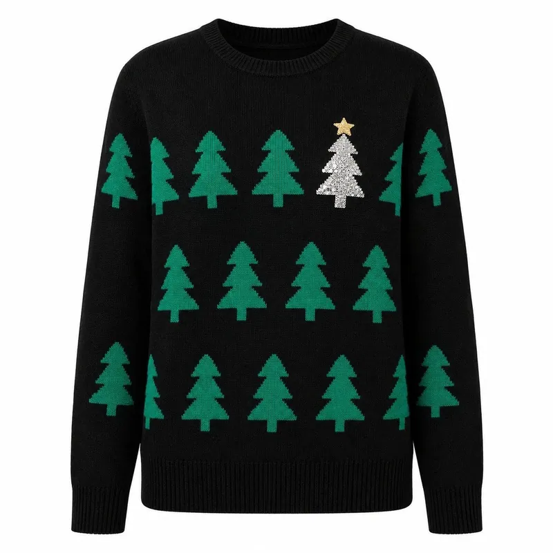 Black Crew Neck Christmas Tree Knit Sweater Glitter Star Xmas Pine Tree Pattern Long Sleeve Family