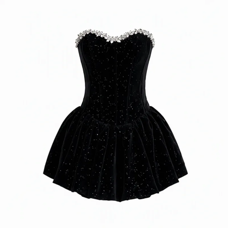 Black Velvet Rhinestone Strapless Corset Mini Dress