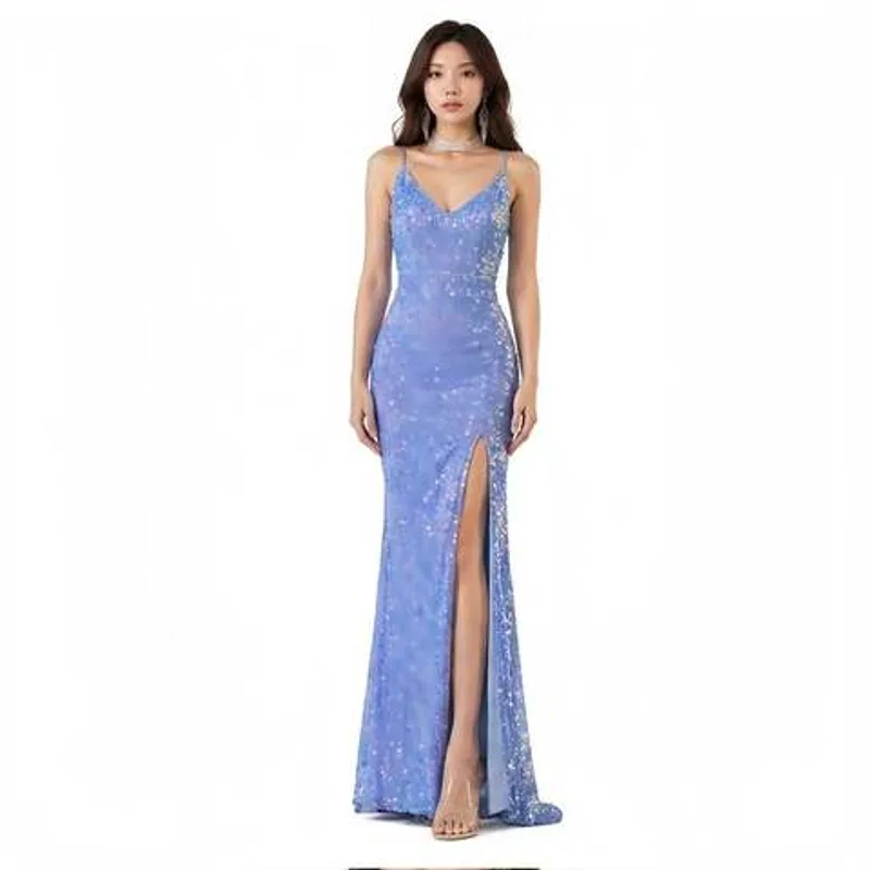 Blue Sequin Mermaid Evening Dress Spaghetti Strap Backless Slit Formal Gown
