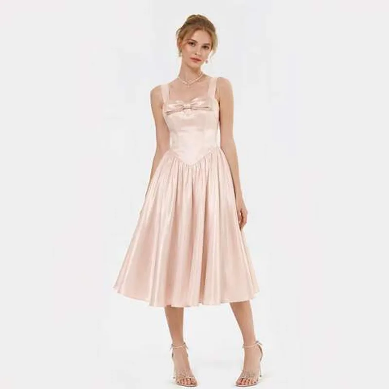 Blush Satin Bow Front Midi Dress