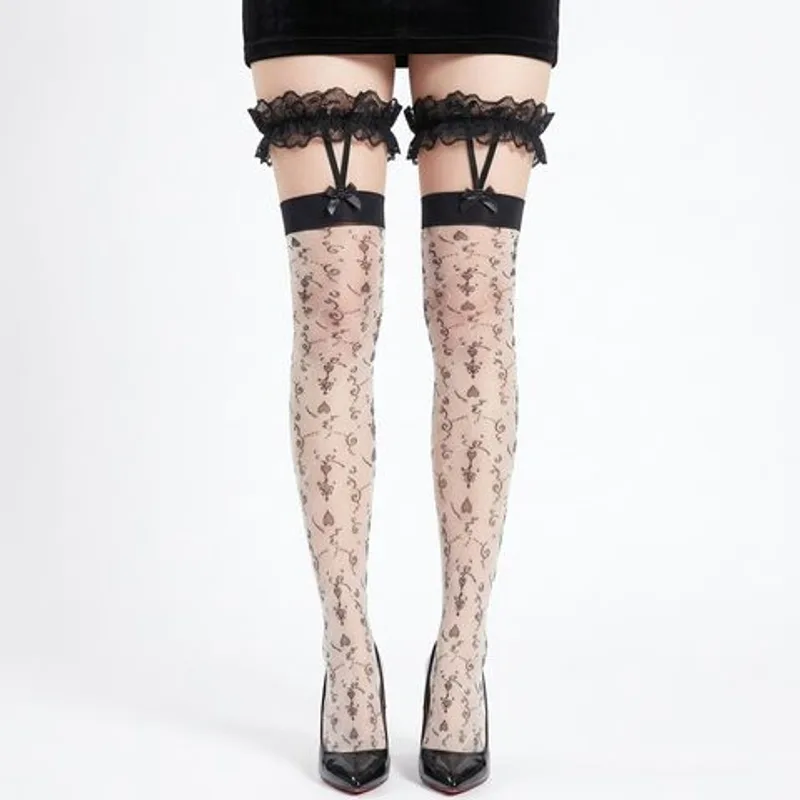 Bow Accent Frilled Lace Mesh Hold up Stockings Soft