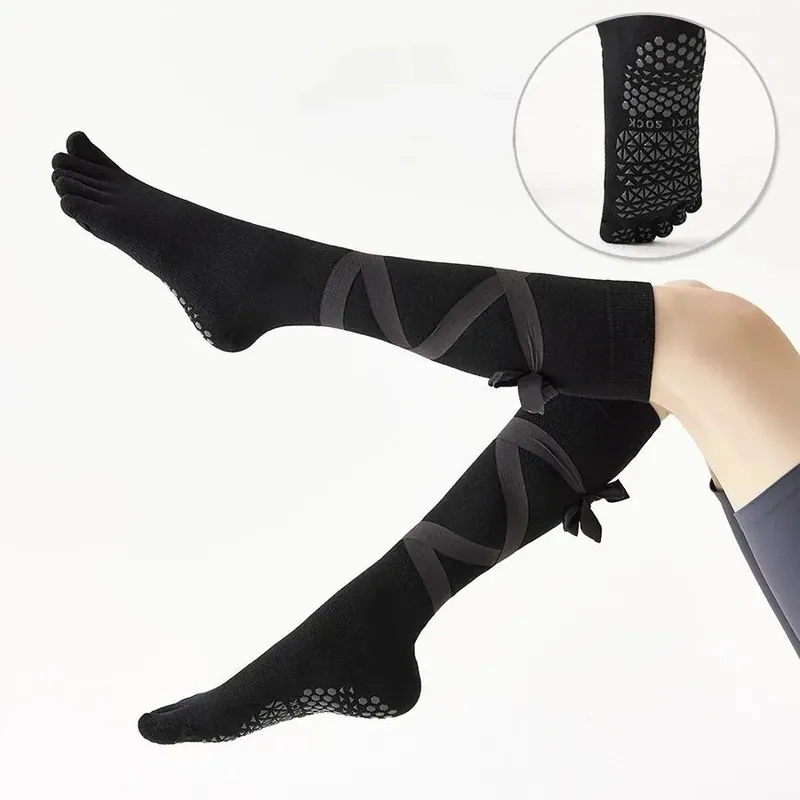 Breathable Cross Strap Five Toe Yoga Socks High Calf Pilates