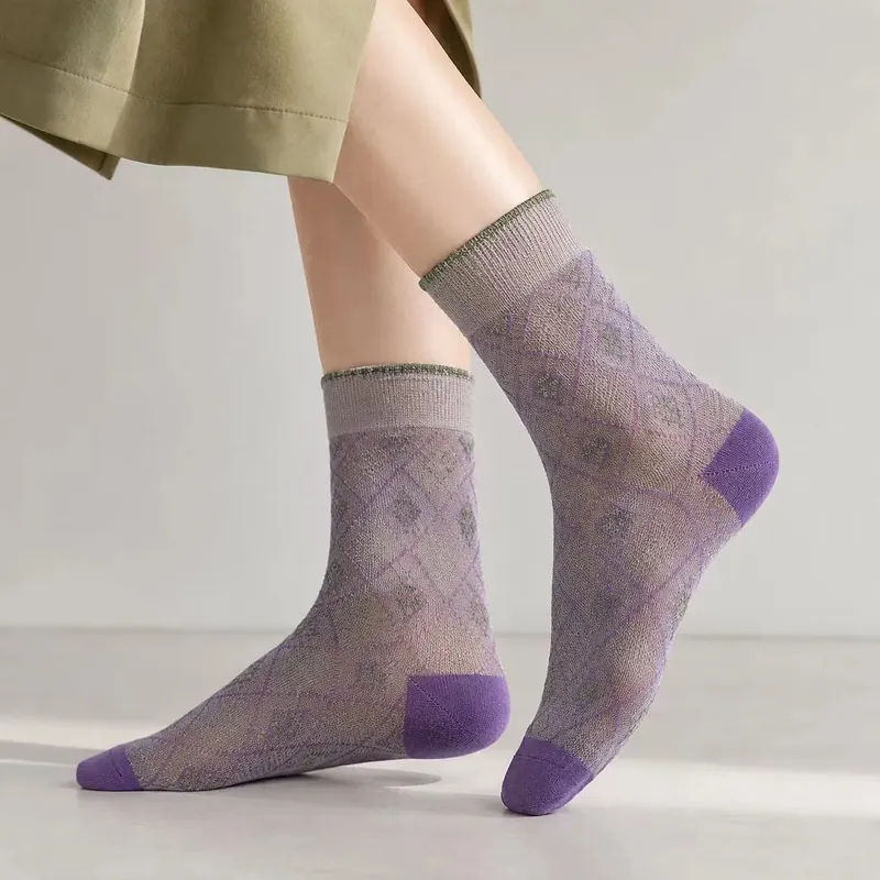 Breathable Fine Knit Ladies Mesh Socks Vintage Argyle Pattern Women MID Tube Socks