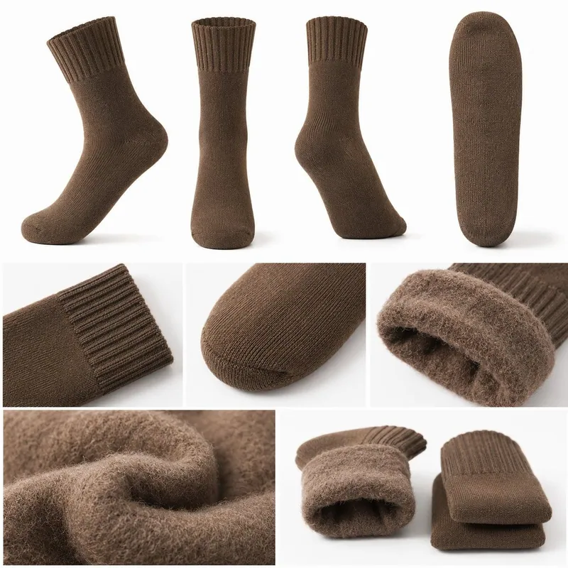 Brown Thick Thermal Fleece Lined Crew Socks Ribbed Cuff Warm