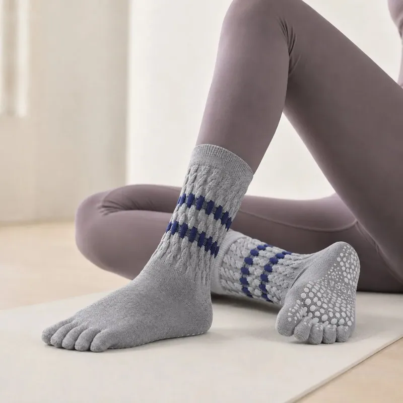 Cable Knit Mid Calf Five Toe Grip Socks Full Sole Non Slip Yoga Pilates Barre