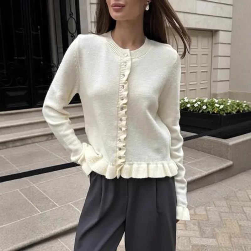 Casual Women Button Knit Cardigan Ruffle Hem Frill Sleeve Cropped Sweater Fashion Ladies Knit Jacket