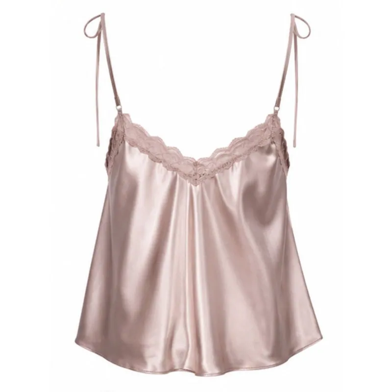 Champagne Satin Lace Trim Nightwear Set Bow Front Cami Lace Hem Shorts Ladies Pjs