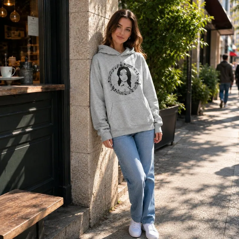 Circular Music Note Border Female Portrait Print Oversized Hoodie Adjustable Drawstring Hood Front