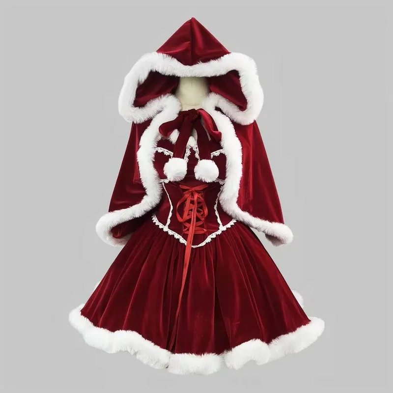 Classic Red Velvet Fur Trim Christmas Costume Dress Ladies Strapless Backless Short Party Gown