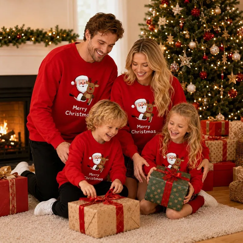 Classic Red Xmas Family Sweatshirt Santa Reindeer Front Print No Hood Basic Crew Neck Parent Kids