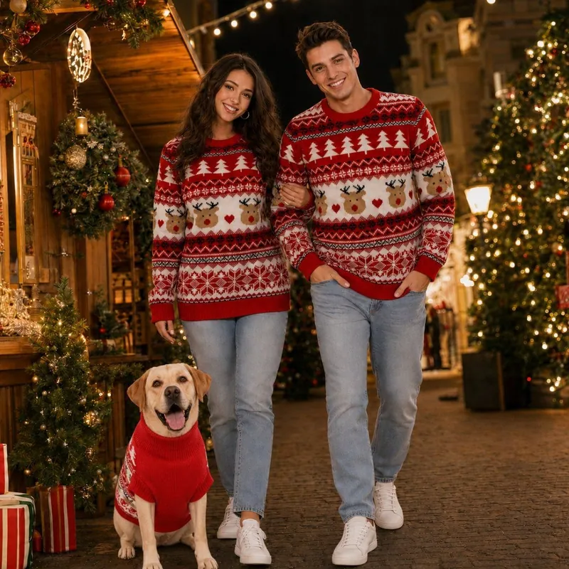 Classic Reindeer Heart Snowflake Christmas Knit Sweater Parent Couple Pet Dog Matching Winter Warm