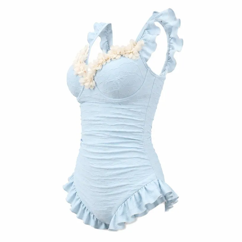 Custom Color Floral Decor One Piece Bathing Suit Ruffle Hem Textured Fabric Women Slim Fit Beach