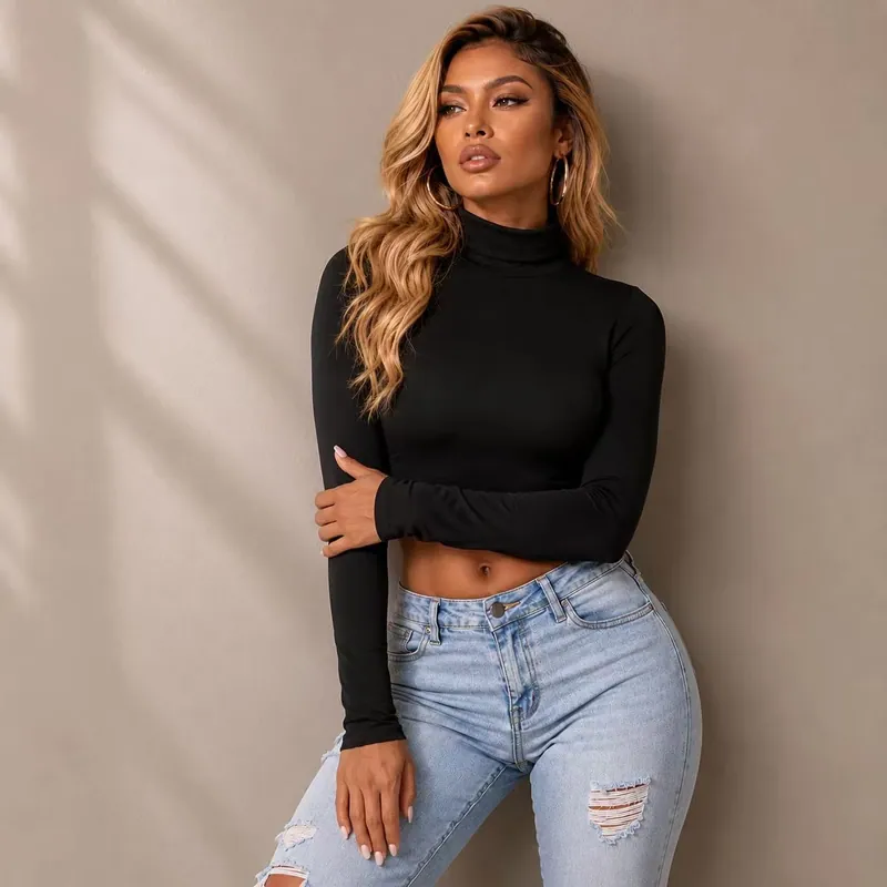 Custom OEM Ladies Roll Neck Cropped Long Sleeve Top Stretchy Bodycon Crop Blouse Multi Colors