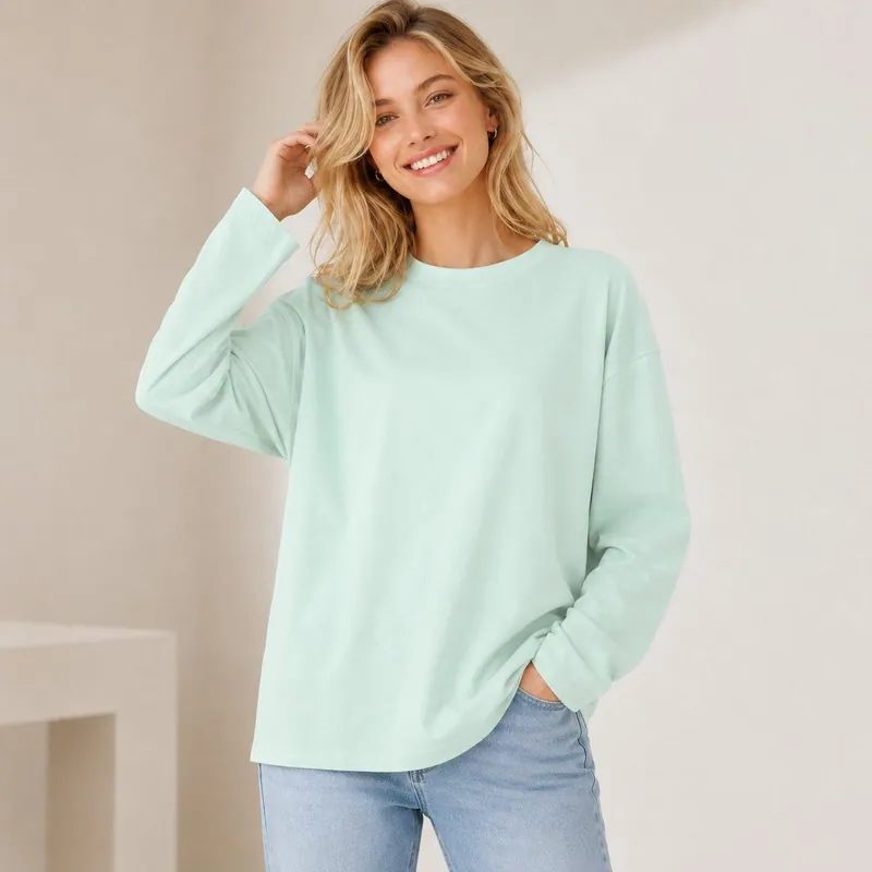 Custom OEM ODM Solid Color Ladies Long Sleeve Basic T-Shirt Oversized Loose Fit Blank Cotton Top