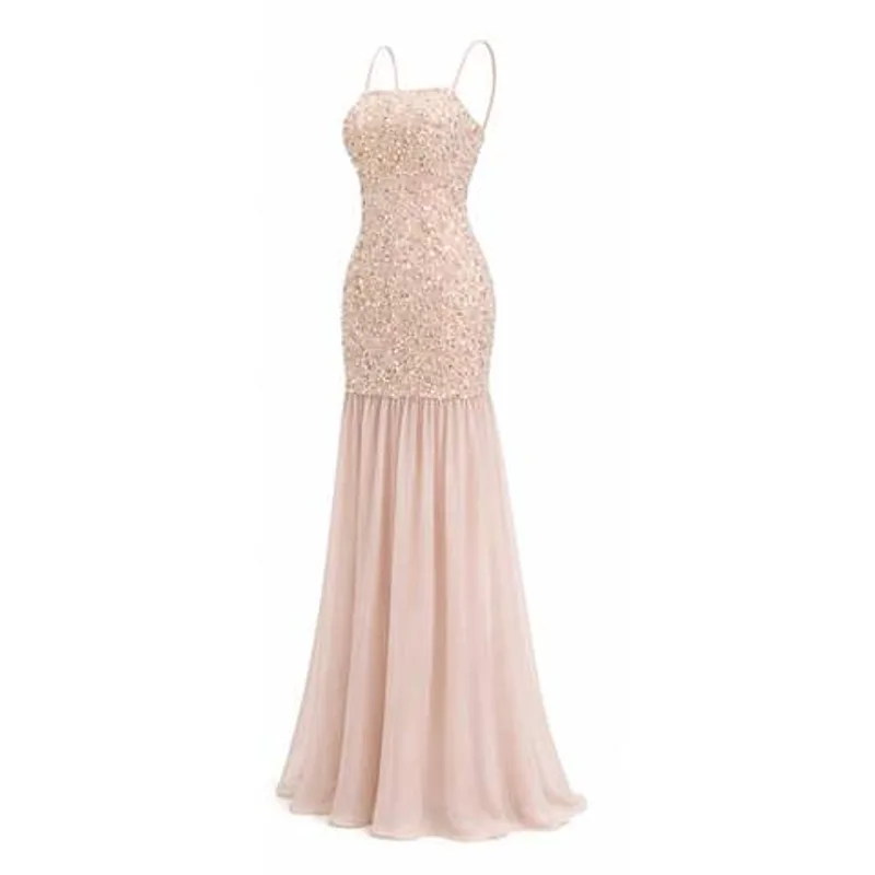 Custom Size Nude Pink Sequined Evening Gown Sleeveless Mermaid Floor Length Wedding Guest Dress with Chiffon Skirt