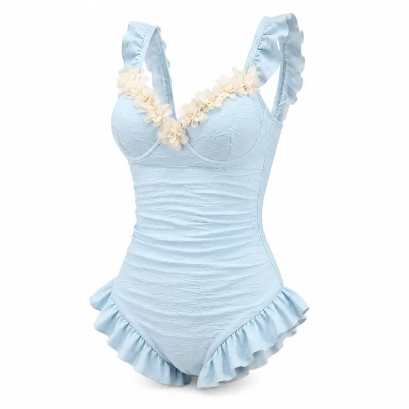 Cute Ruffle Shoulder One Piece Swimwear 3D Flower V Neck Ruched Textured Women Bathing Suit
