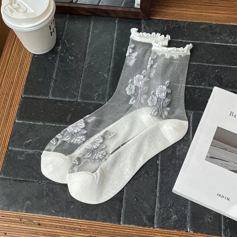 Cute Ruffle Top Floral Embroidered Sheer Socks Anti Slip Toe