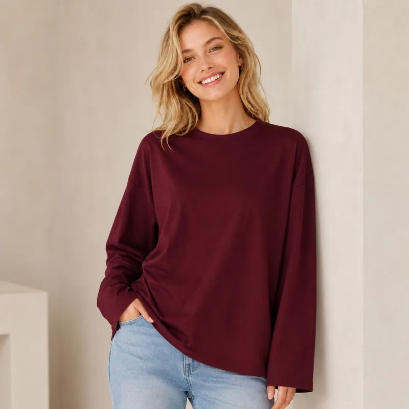 Drop Shoulder Loose Fit Women Blank Long Sleeve Cotton T Shirt Multi Solid Colors Custom Label Tag