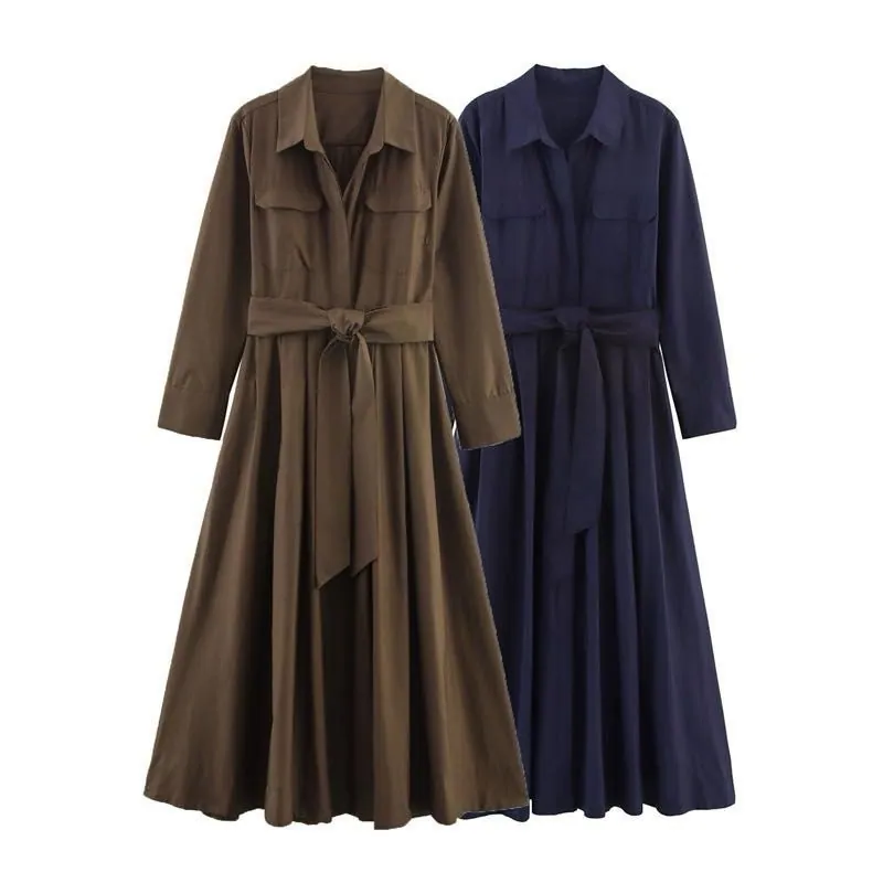Dual Chest Pocket Long Sleeve Trench Dress Waist Tie A Line Swing Women Maxi Windbreaker Dress
