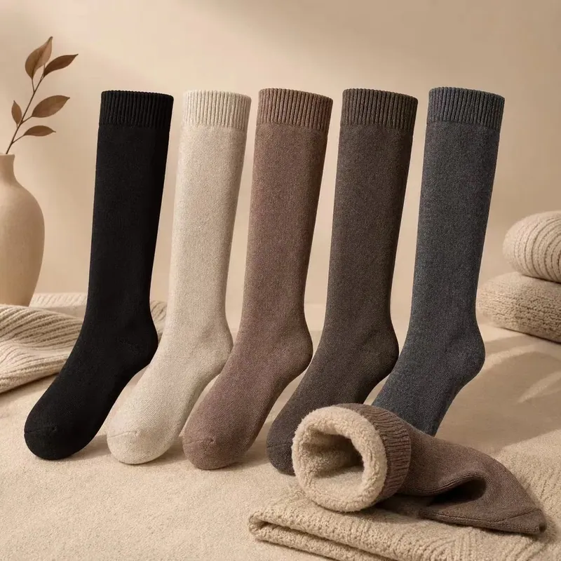 Elastic Rib Top Thick Fleece Lined Knee High Socks Solid Color Anti Slip Cushioned Sole Ladies