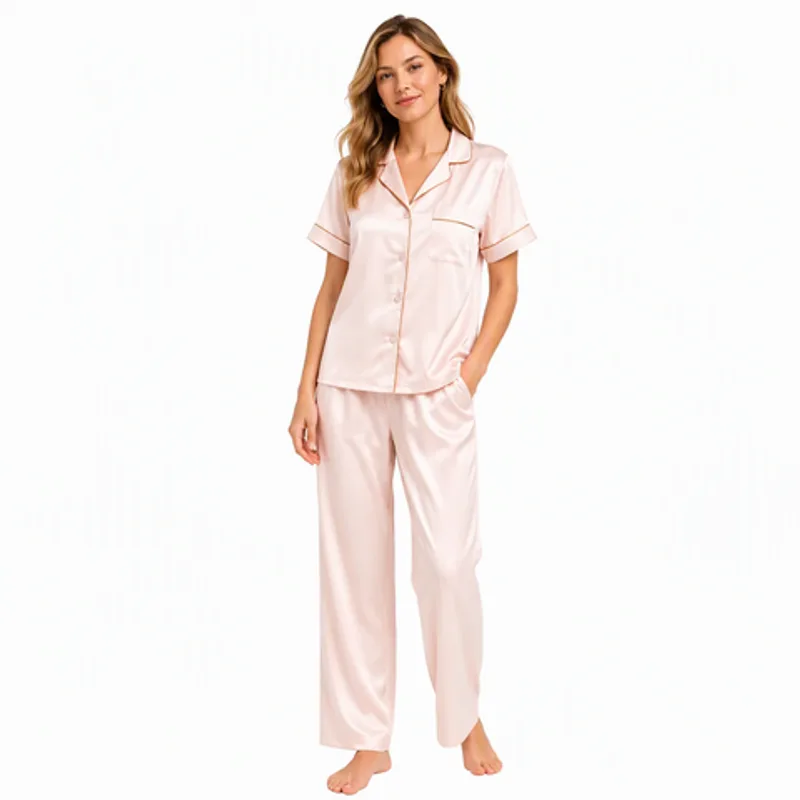 Elegant Gold Trim Satin Women's Short Sleeve Long Pants Pajama Set