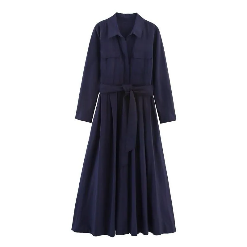 Elegant Lapel Pocket Trench MIDI Dress Self Tie Waist Women Business Outerwear