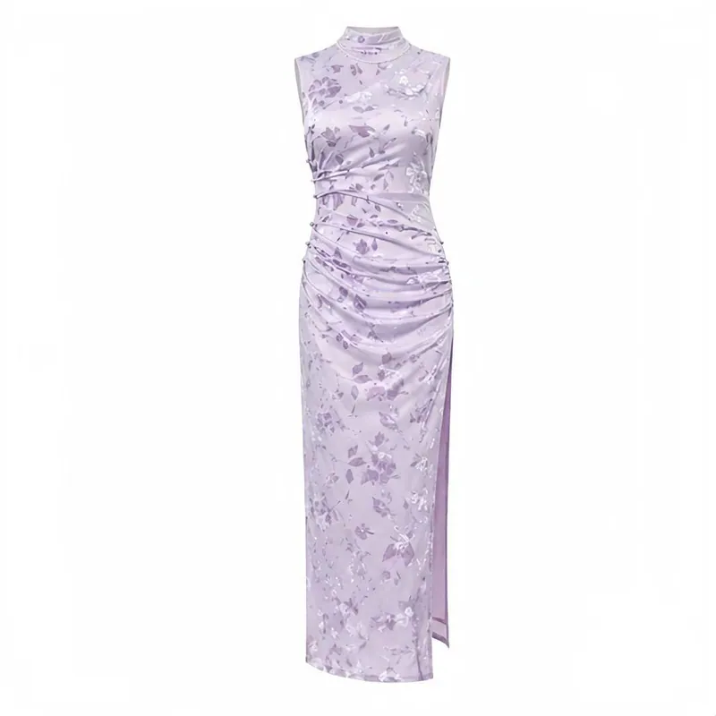 Elegant Purple Floral Cheongsam Maxi Dress