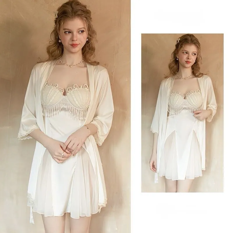 European Style Sexy Women Lace Tassel Chemise Satin Back Cutout Spaghetti Strap Loungewear