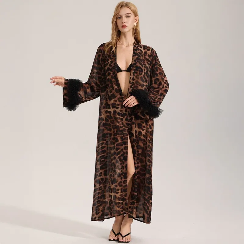 European Style Women Satin Night Robe Leopard Print Flared Sleeve Feather Cuff Home Wear