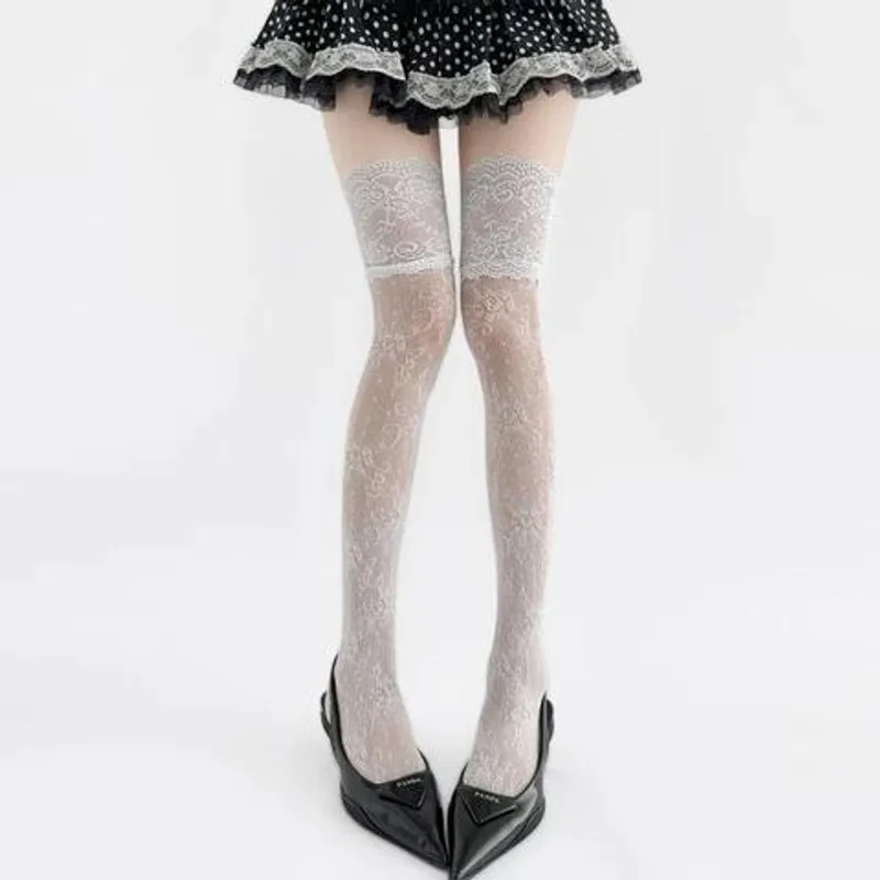 Floral Lace Top Thigh High Stockings Hollow Mesh Sheer Over Knee Socks Anti-Slip