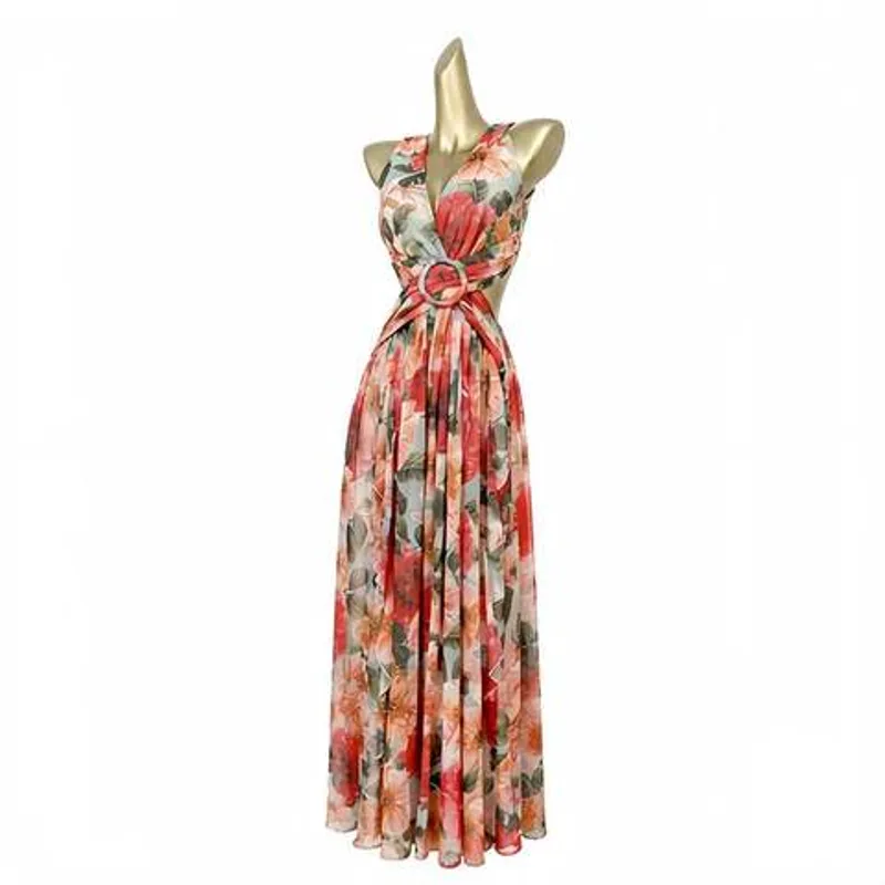 Floral Print Deep V Neck Backless Lace-Up Chiffon Maxi Dress