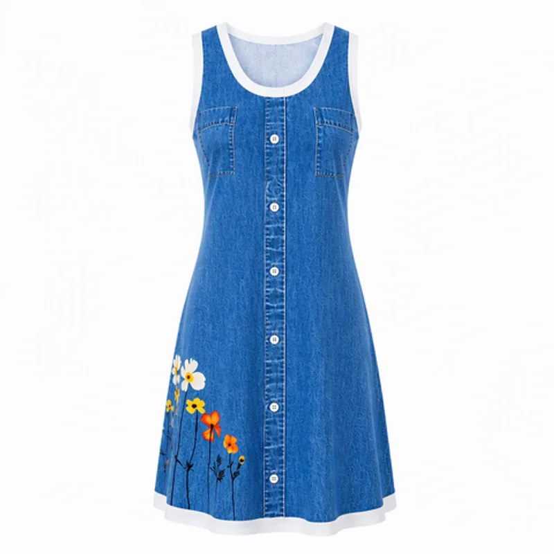 Floral Print Denim Tank Dress