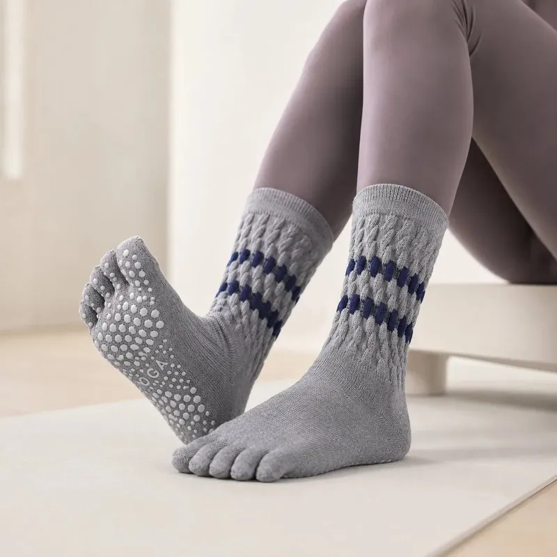 Full Sole Silicone Non Slip Five Toe Yoga Socks Cable Knit Striped Pilates Barre