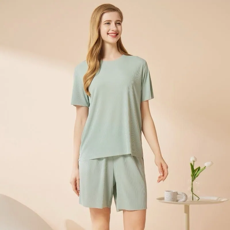 Ice Silk Couple Pajama Set Short Sleeve Sleepwear Customizable Loungewear
