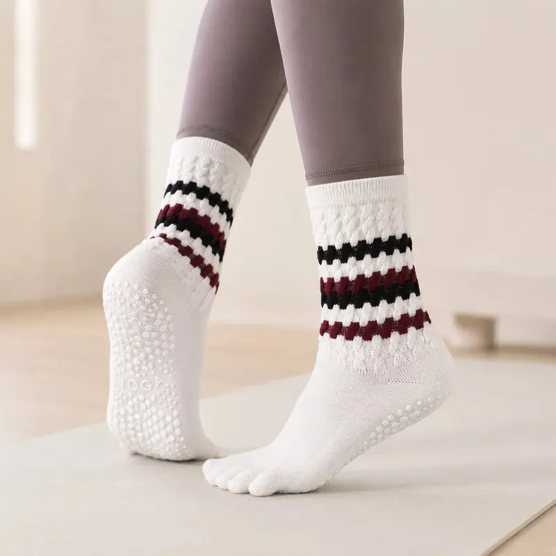 Ladies Cable Knit Five Toe Pilates Yoga Socks Full Sole Silicone Grip Anti Slip Mid Calf