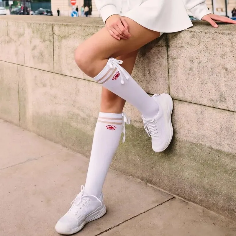 Ladies Golf Knee Socks with Ribbon Bow Embroidery Soft