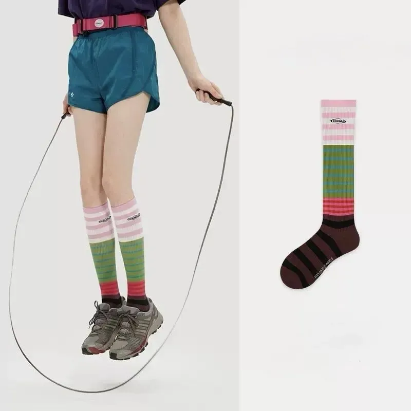 Ladies Outdoor Sport Knee-High Socks Striped Embroidered Socks