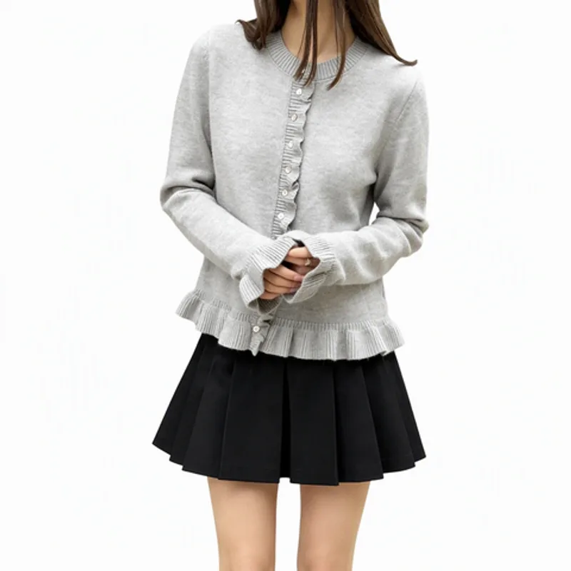 Long Sleeve Ruffle Cuff Women Knit Cardigan Solid Color Cropped Sweater
