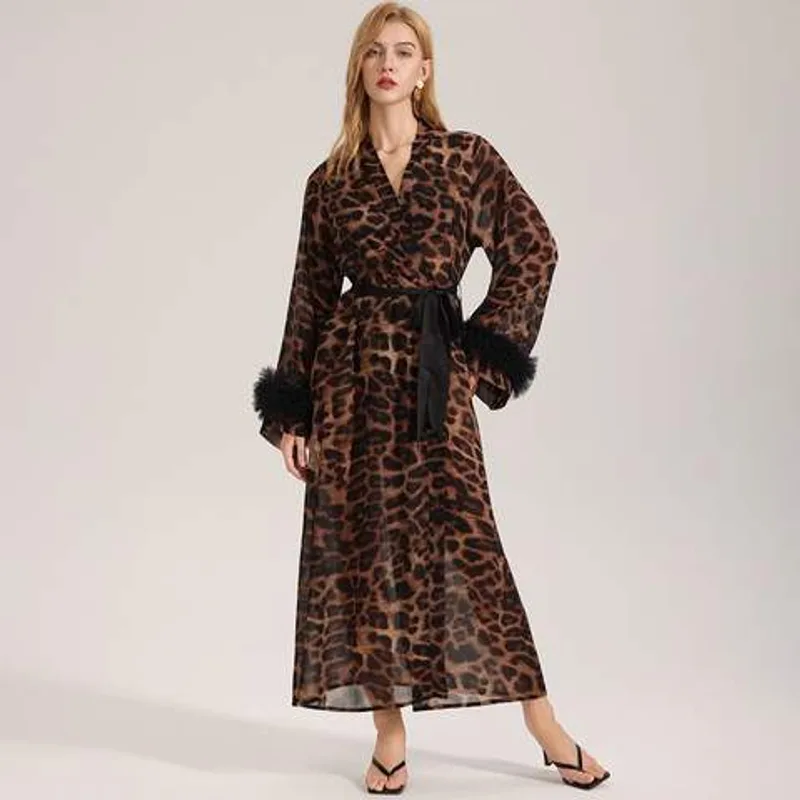 Luxury Ladies Long Open Front Kimono Robe Leopard Pattern Feather Trim Nightwear