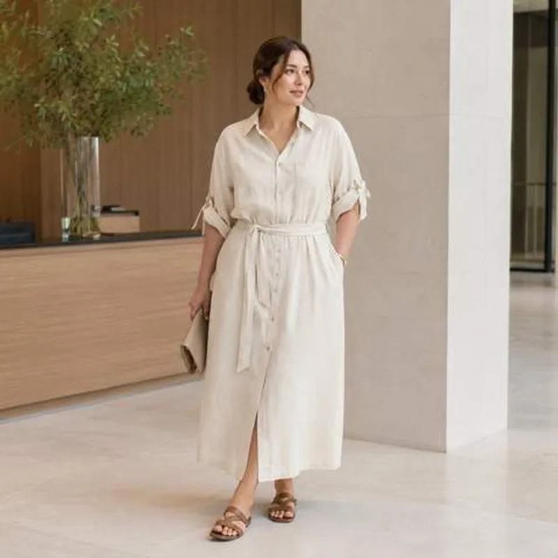 Minimalist Cream Linen Blend Belted Shirt Dress Ladies Roll Tab Sleeve Pocket MIDI Office Dress