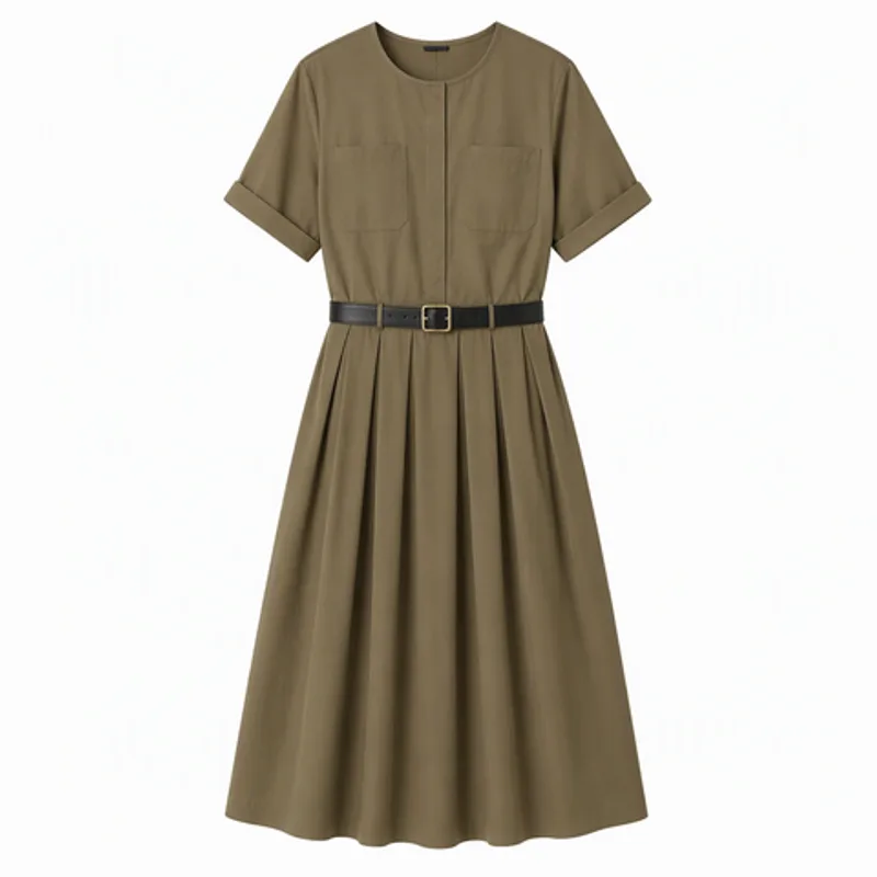 Minimalist Khaki Pleated MIDI Shirt Dress