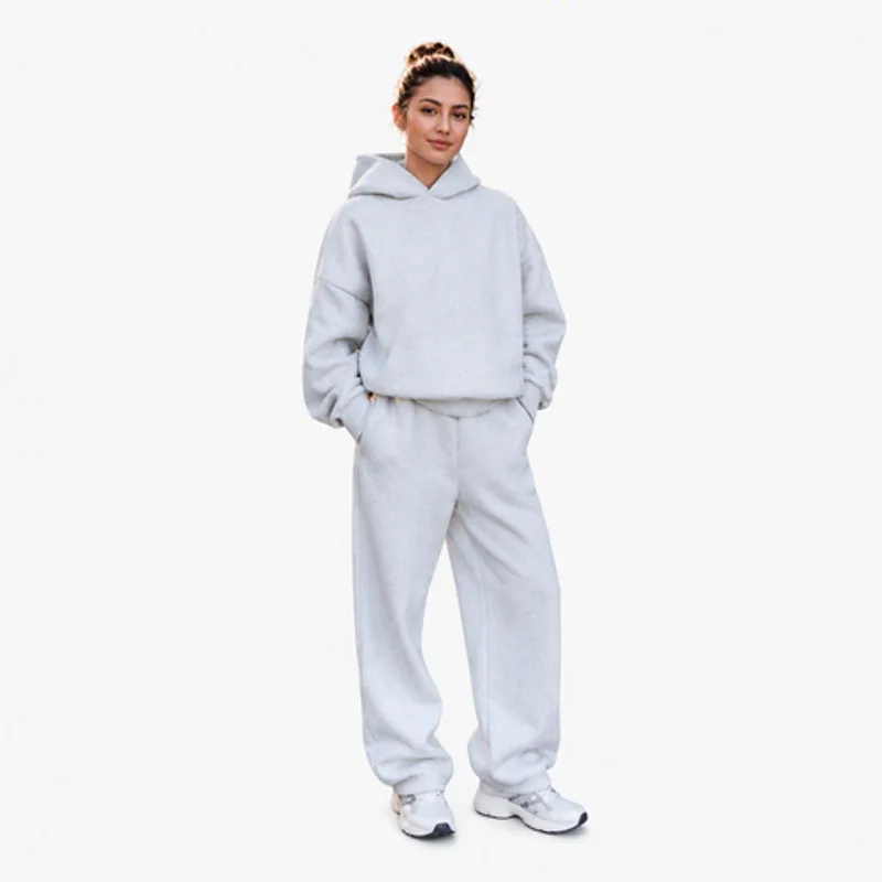 Minimalist No Print Fleece-Lined Hoodie and Wide Leg Sweatpants Two Piece Outfit for Women
