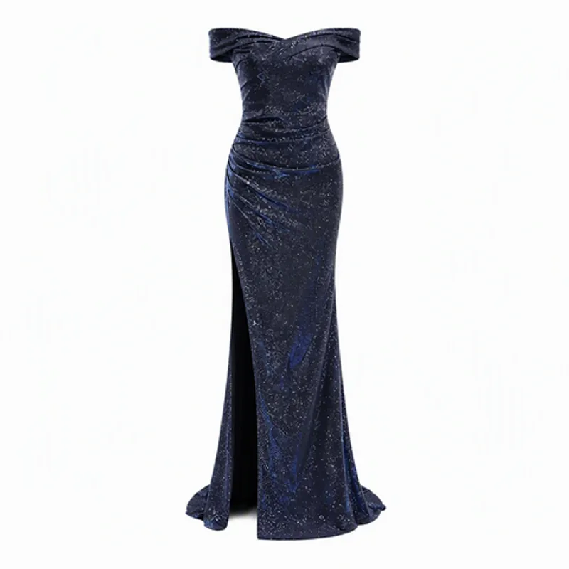 Navy Blue Sequin Off-Shoulder High Slit Mermaid Evening Gown