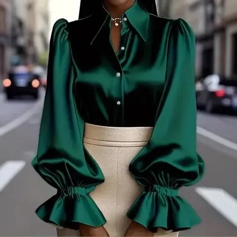 Office Formal Women Satin Shirt Button Down Puff Sleeve Blouse OEM ODM Acceptable